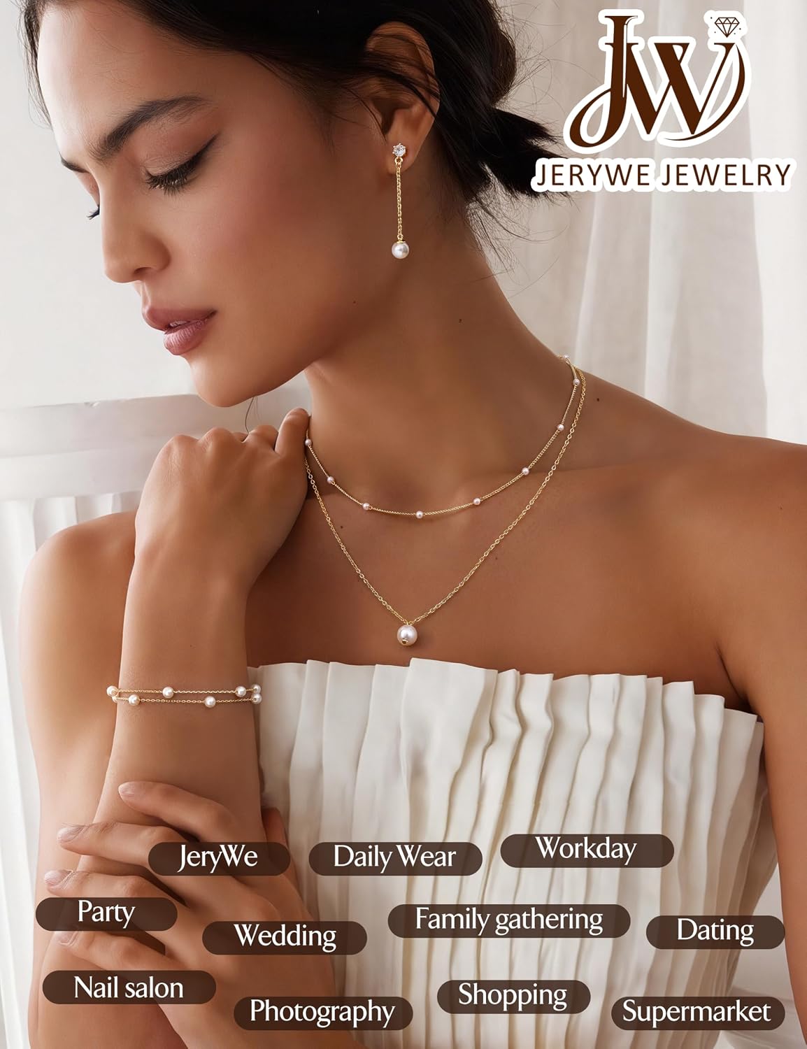Gold Jewelry Set for Women 14K Gold Plated Layered Pearl Choker Necklace and Drop Earrings Set Adjustable Bracelets