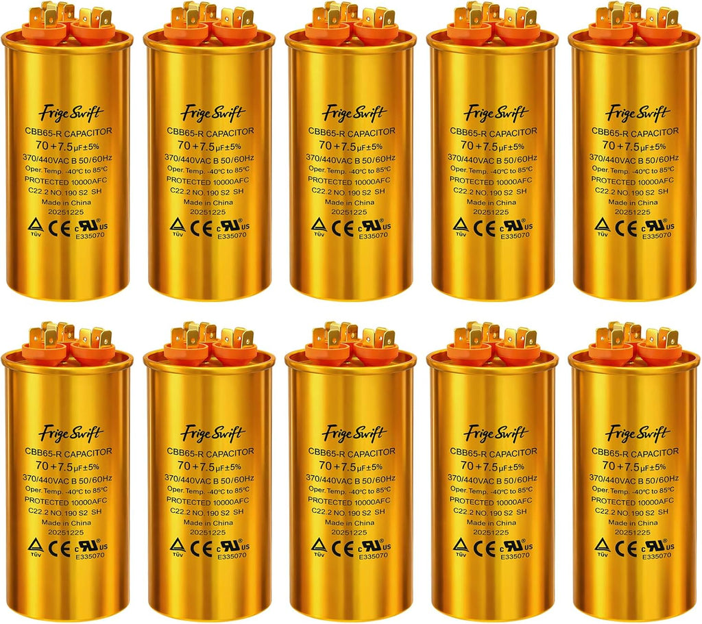 70+7.5 uF ±5% 370/440 VAC CBB65 Round Dual Run Capacitor 10-Pack