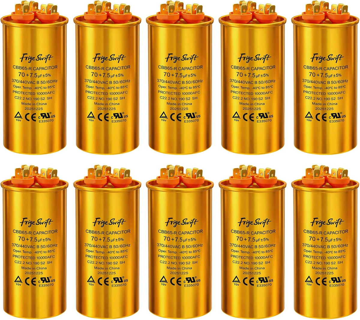 70+7.5 uF ±5% 370/440 VAC CBB65 Round Dual Run Capacitor 10-Pack