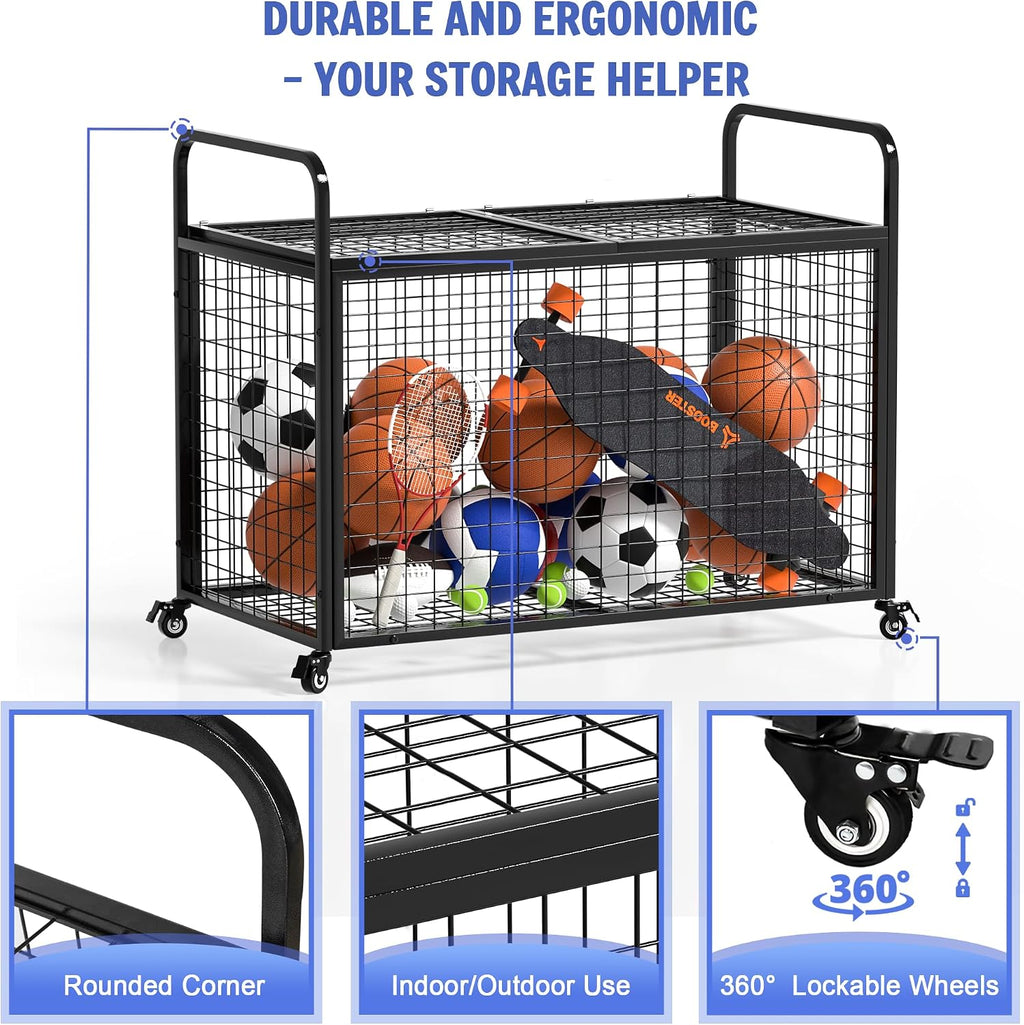 Ball Cart Storage for Garage Compatible with Optional Divider, Extra Large Basketball Cage Bin for Indoor Outdoor