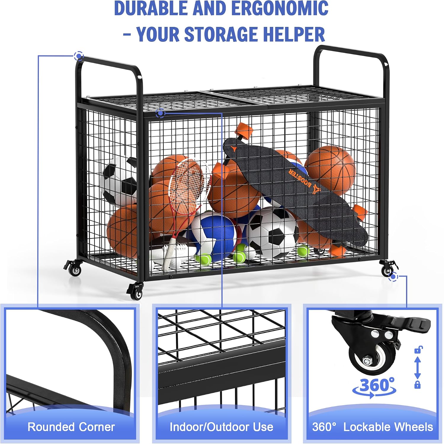 Ball Cart Storage for Garage Compatible with Optional Divider, Extra Large Basketball Cage Bin for Indoor Outdoor