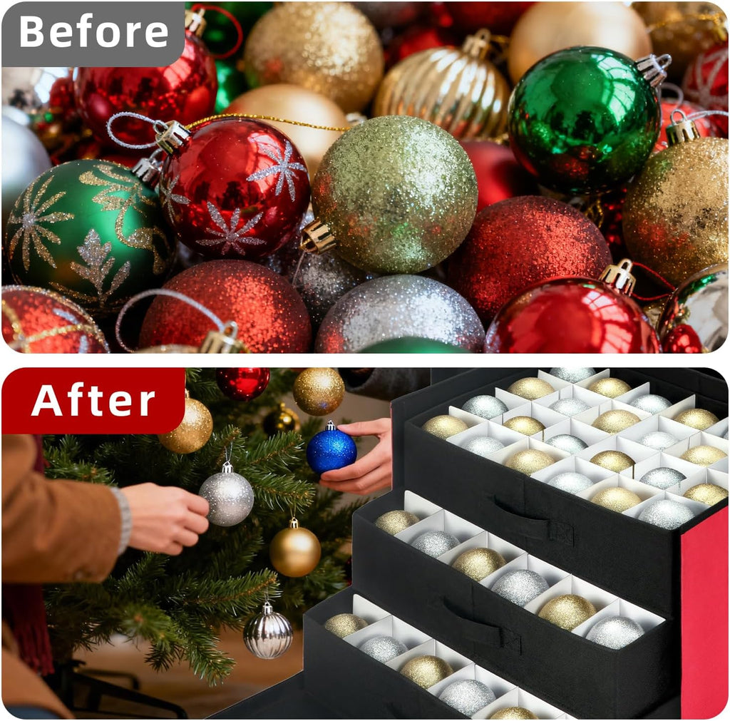 Christmas Ornament Storage Box with Adjustable Dividers, Large Holiday Ornaments Storage Container Bin with Lid for