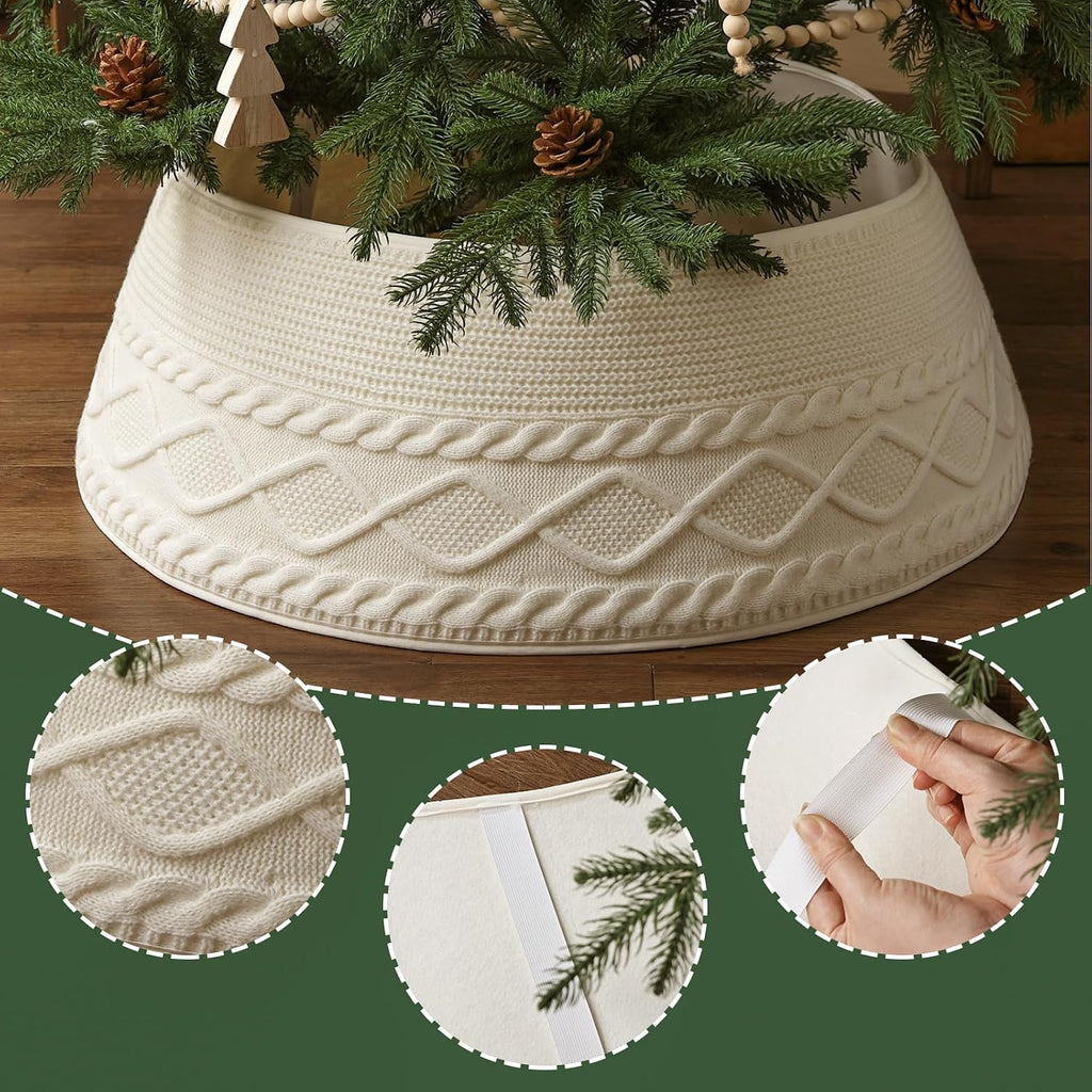 Knitted Christmas Tree Collar: Cream Crossed Diamond Edge Chunky Cable Knit Christmas Tree Collars for Artificial