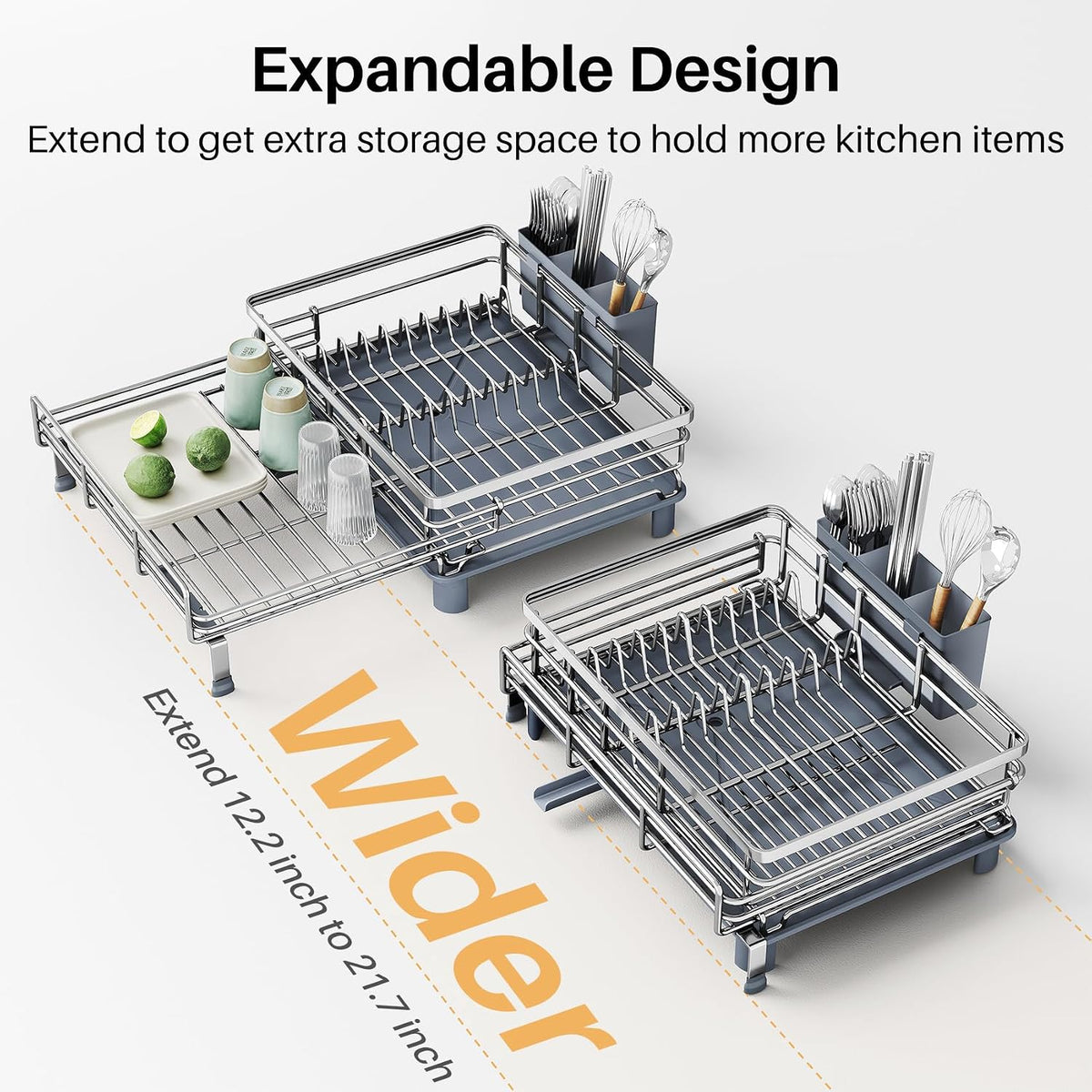 Expandable Dish Drying Rack for Kitchen Counter, Stainless Steel, Silver