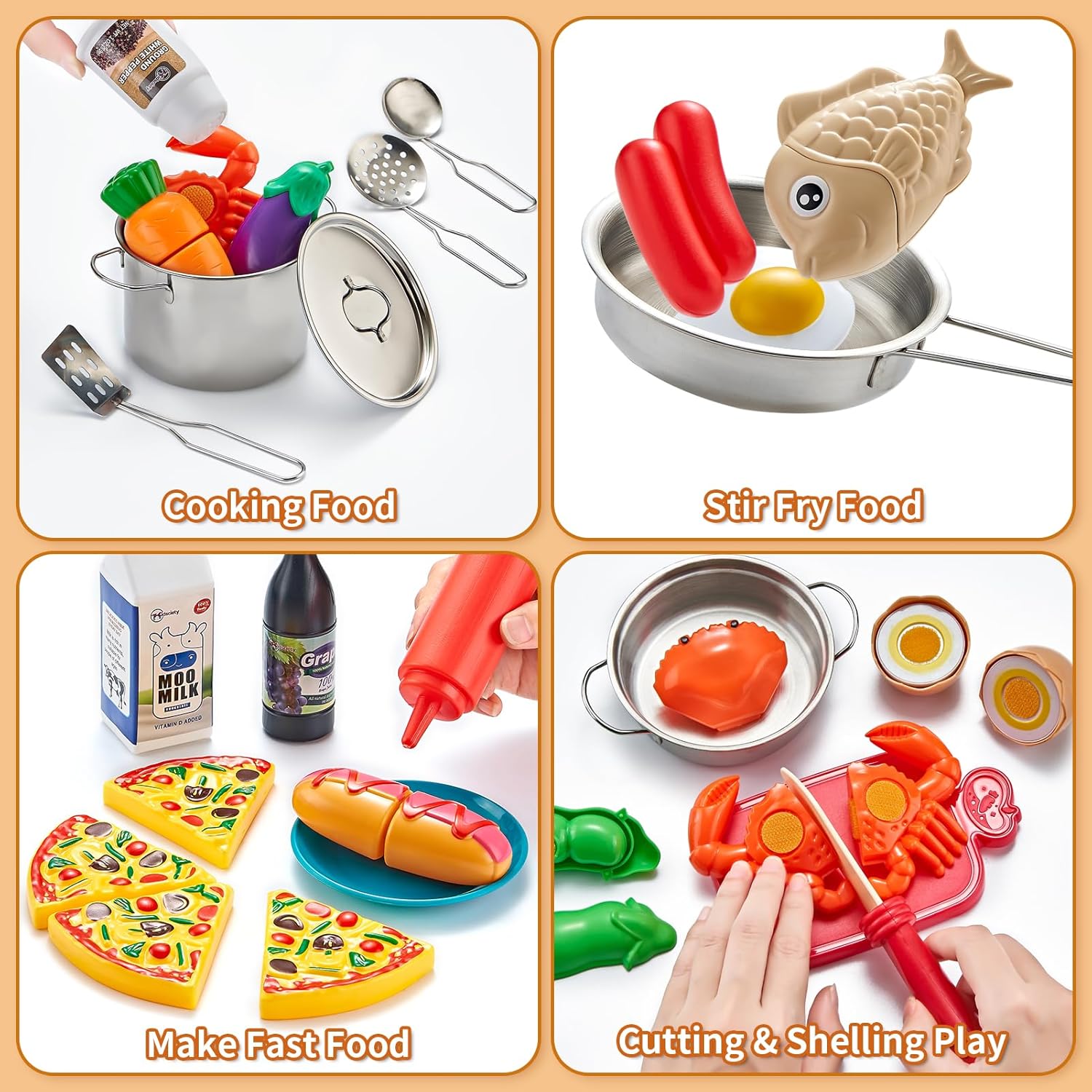 Pretend Play Accessories - 52pc Kids Kitchen Playset with Play Food, Stainless Steel Cookware, Toys Pots and Pans