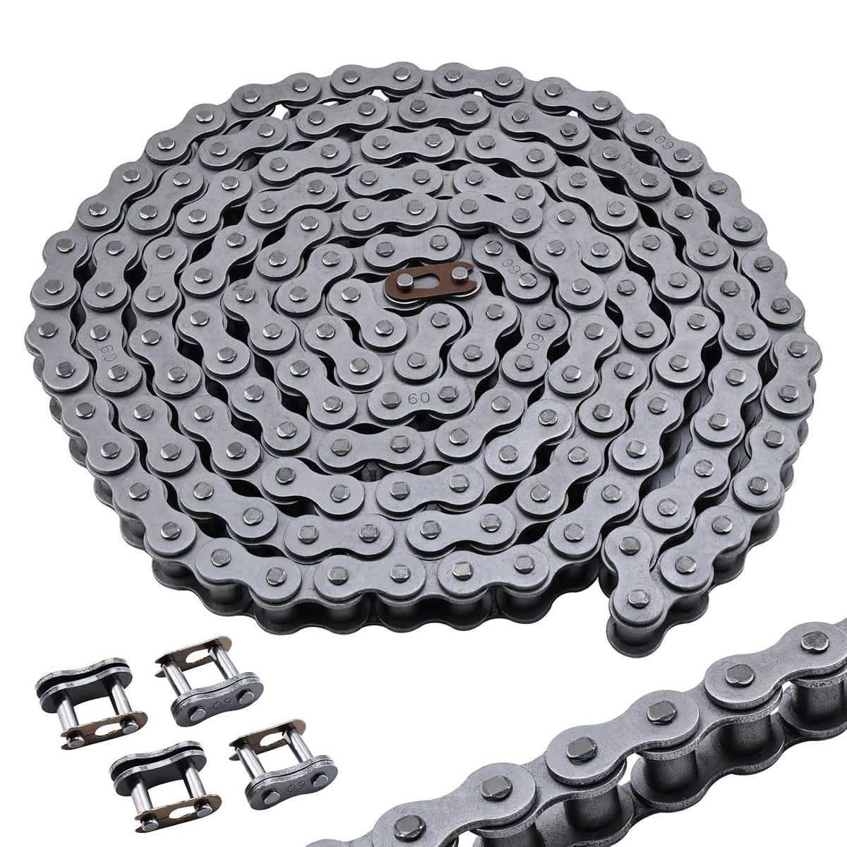 #60 Roller Chain, 10 Feet Carbon Steel Chain with 4 Free Connecting Links