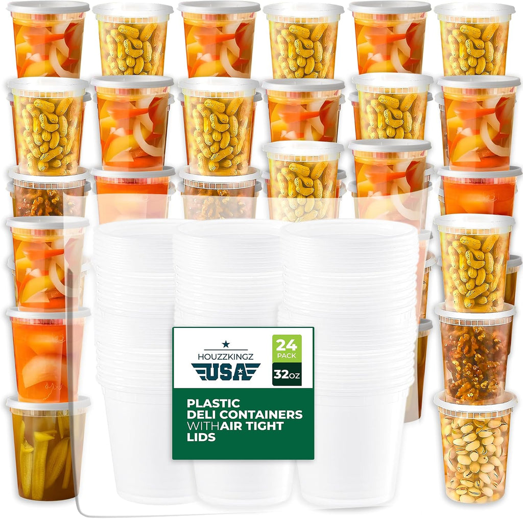 Deli Soup Quart Containers with Lids [32 Oz - 24 Pack], Plastic Food Freezer Storage Containers with Lids, Disposable