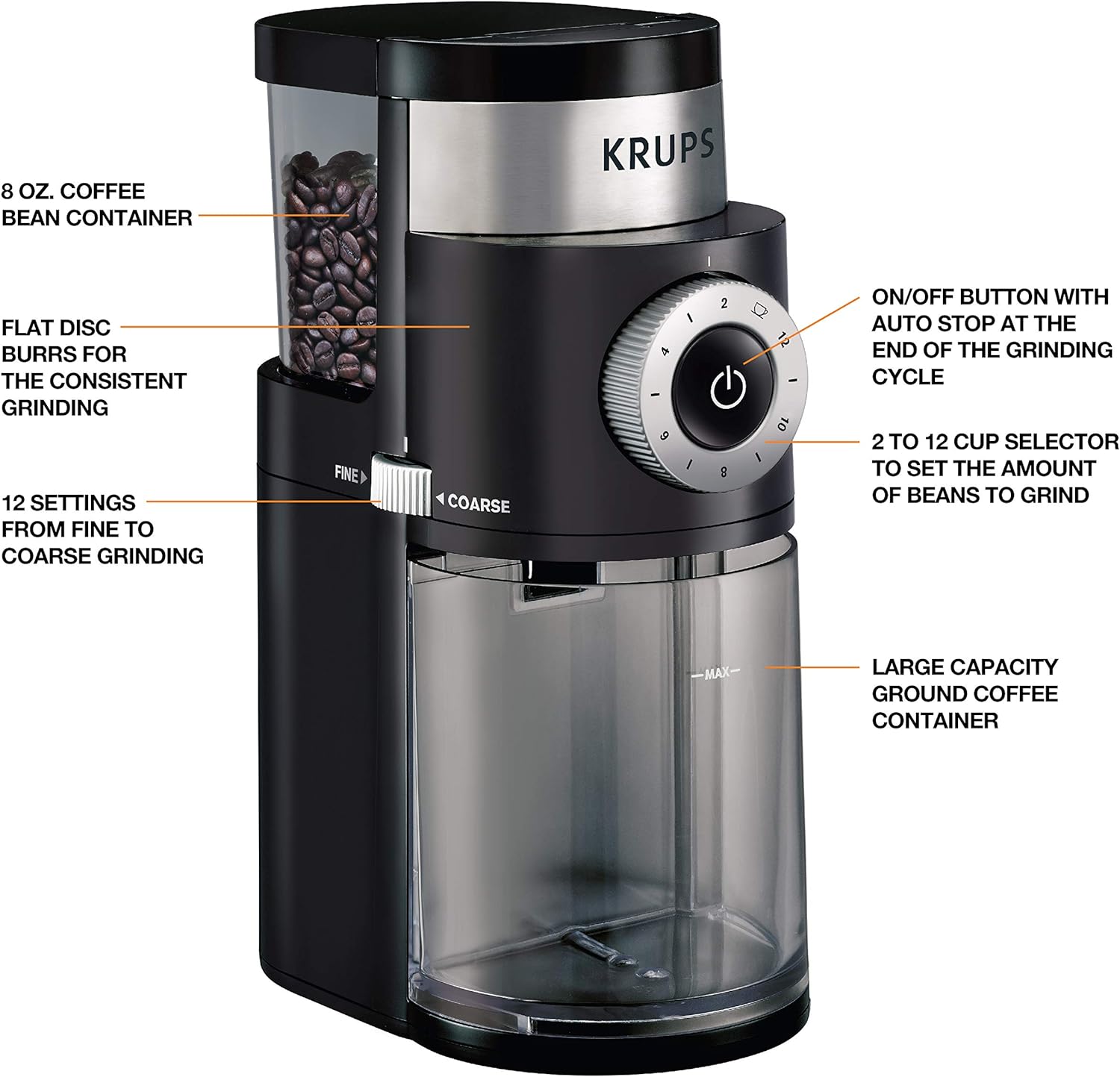 Precision Burr Coffee Grinder: 12 Settings, 8 oz Capacity for Drip, French Press, Espresso, Pour Over, Cold Brew