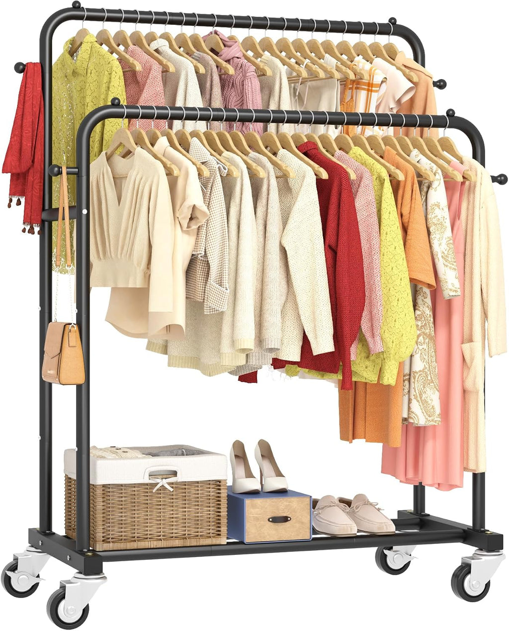 Double Rods Garment Rack with Wheels, Clothing Rack for Hanging Clothes,4 Hooks, Multi-functional Bedroom Clothes