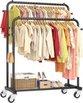 Double Rods Garment Rack with Wheels, Clothing Rack for Hanging Clothes,4 Hooks, Multi-functional Bedroom Clothes