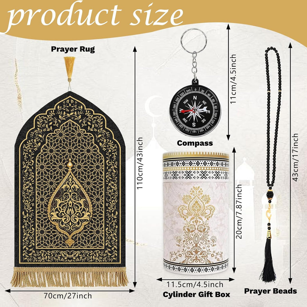 Muslim Prayer Rug with Tasbih Prayer Beads and Compass Keychain