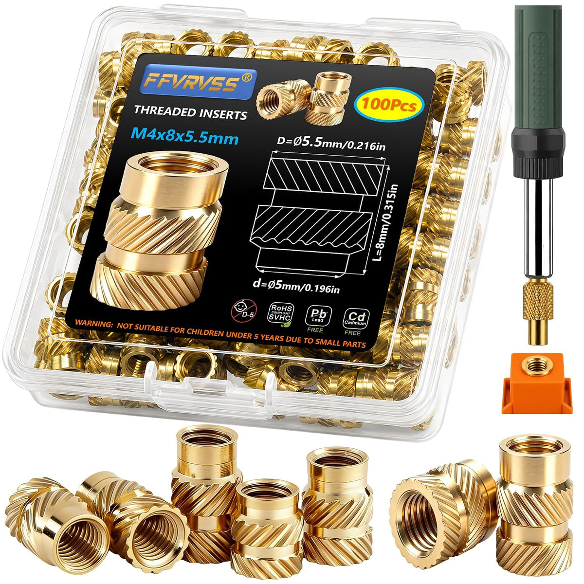 100Pcs Brass Threaded Inserts Kit M4x8x5.5 Heat Set for 3D Printing