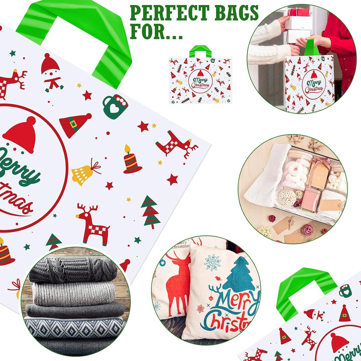 200 Pcs Large Christmas Gift Bags Plastic with Handles Reusable