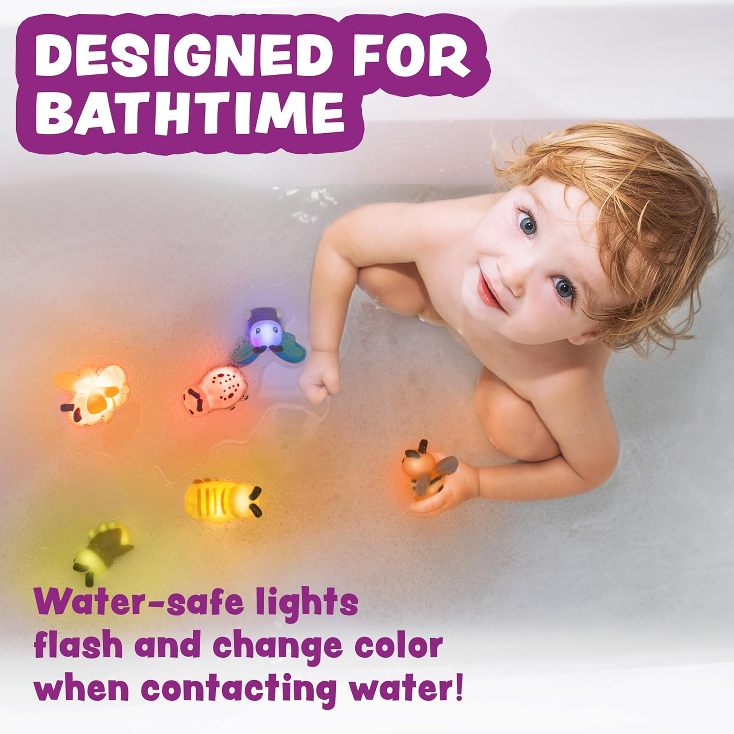 Bugs Light Up Bath Toys, 6 Pack | Water-Activated Light Up Toys Flash & Change Color | Easy-Grip Baby Girl & Toddler