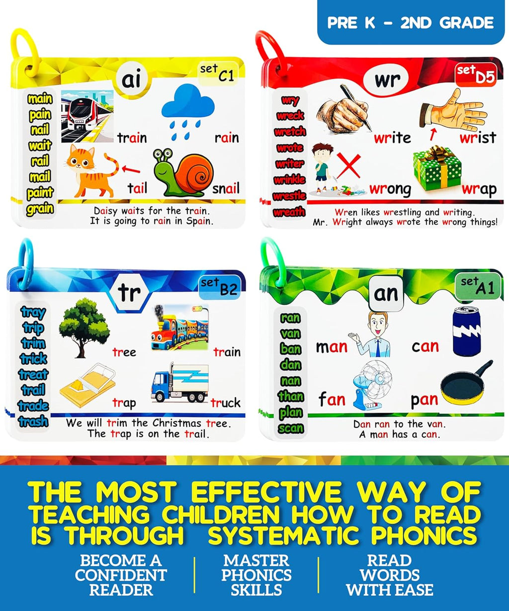 Phonics Flash Cards with Proven Spaced Repetition Learning System - Learn to Read in 20 Phonic Stages - Digraphs CVC