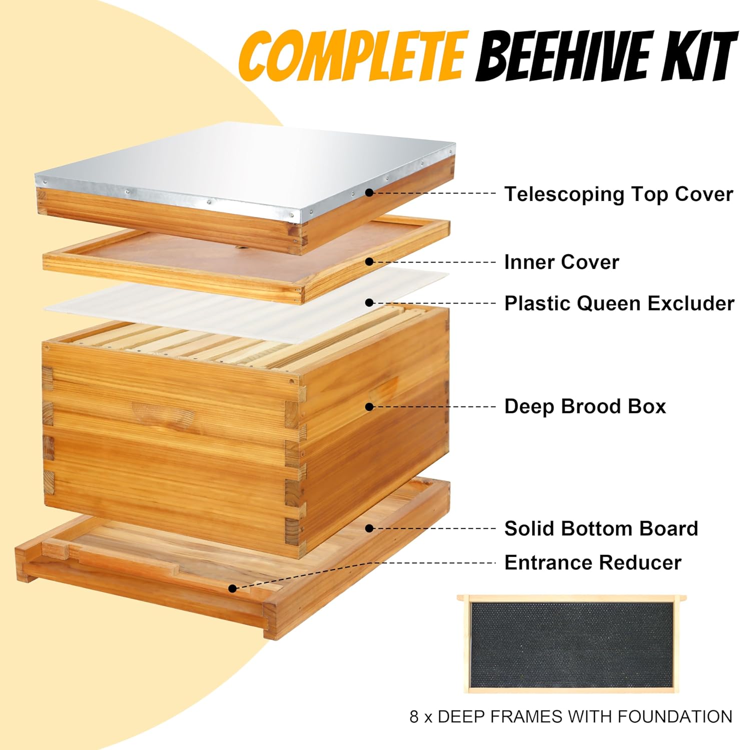 8 Frame Beehive Starter Kit – Beeswax Coated Deep Beehive Box with Frames, Complete Beekeeping Kit for Beginners with