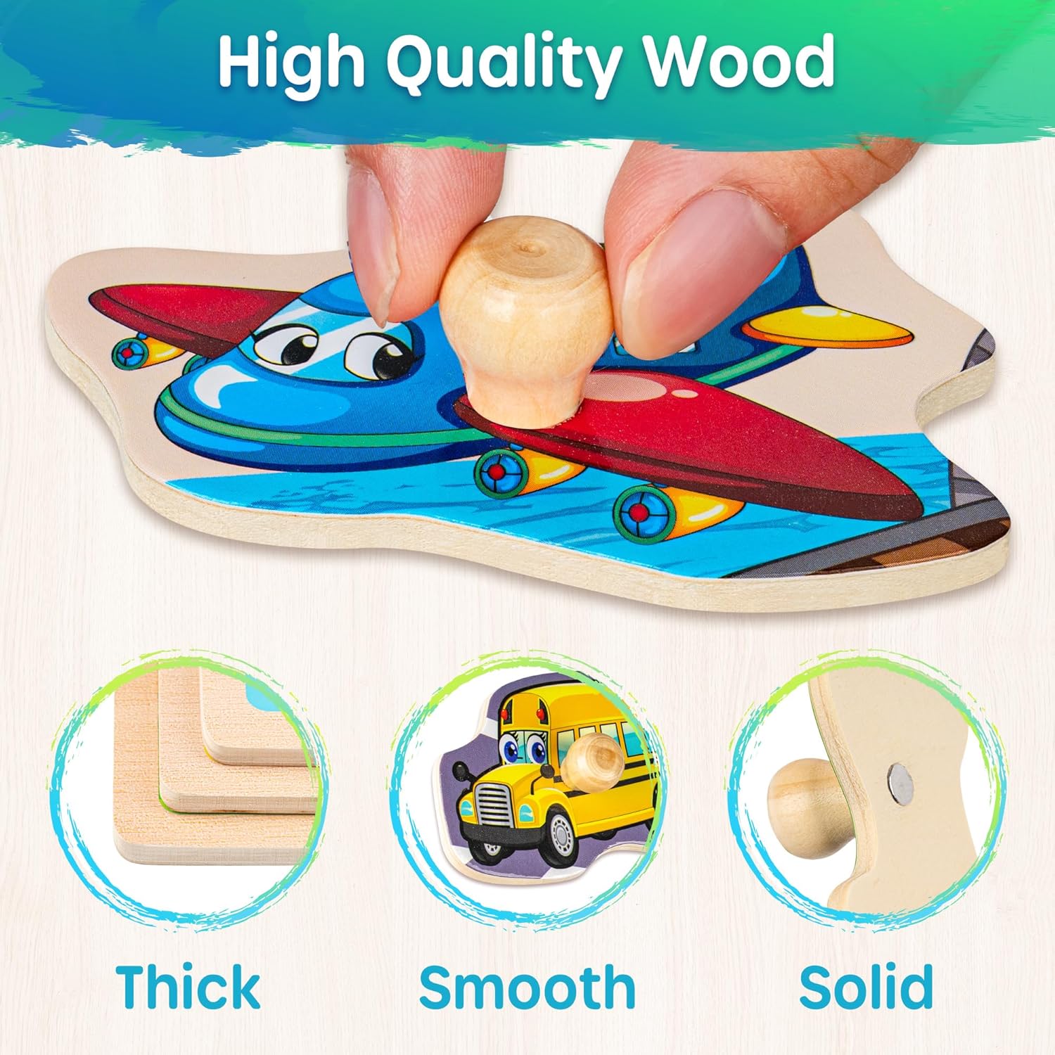 Wooden Puzzles for Toddlers 1-3, 6XSET Puzzles for Toddlers 2-4 with Rack, Learning Alphabet Number Animal Dinosaur