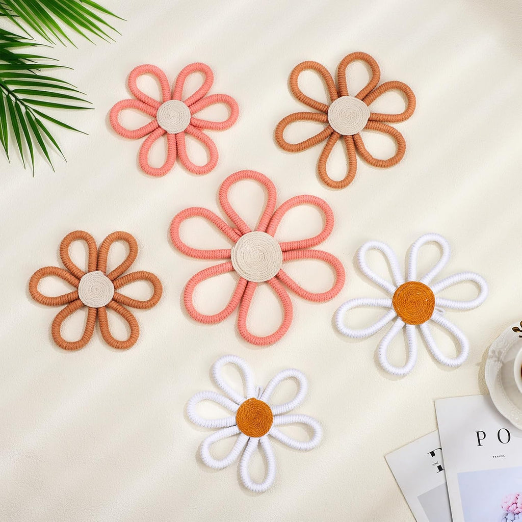 6 Pcs Boho Nursery Decor Daisy Flower Woven Macrame Wall Hanging 3 Size Daisy Flower Wall Decor Bohemian Nursery