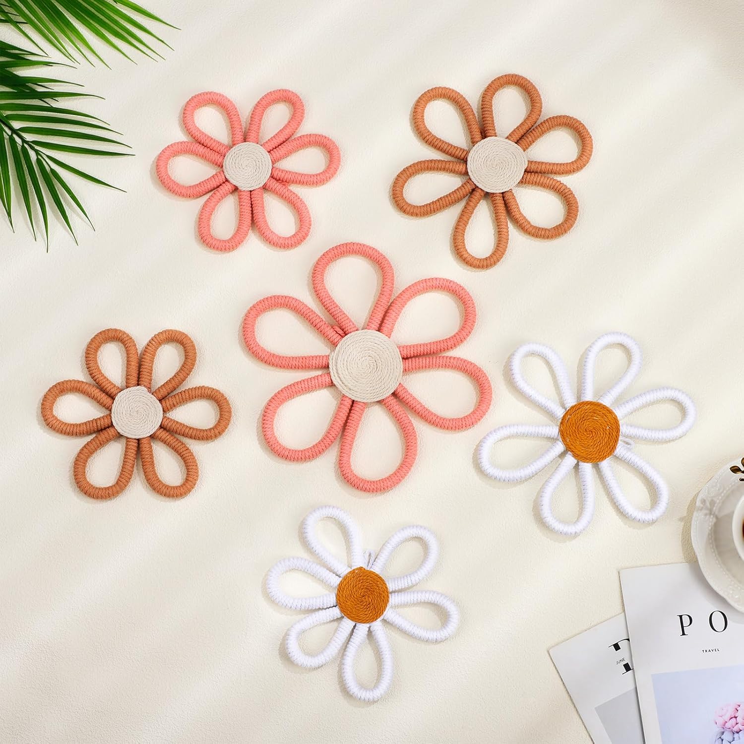 6 Pcs Boho Nursery Decor Daisy Flower Woven Macrame Wall Hanging 3 Size Daisy Flower Wall Decor Bohemian Nursery