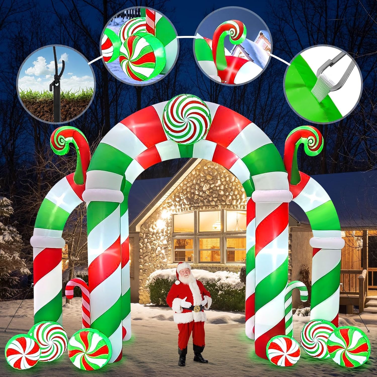 13FT Christmas Archway Inflatables with LED Light, Giant Xmas Candy Arch Inflatable Stereoscopic Blow up Christmas