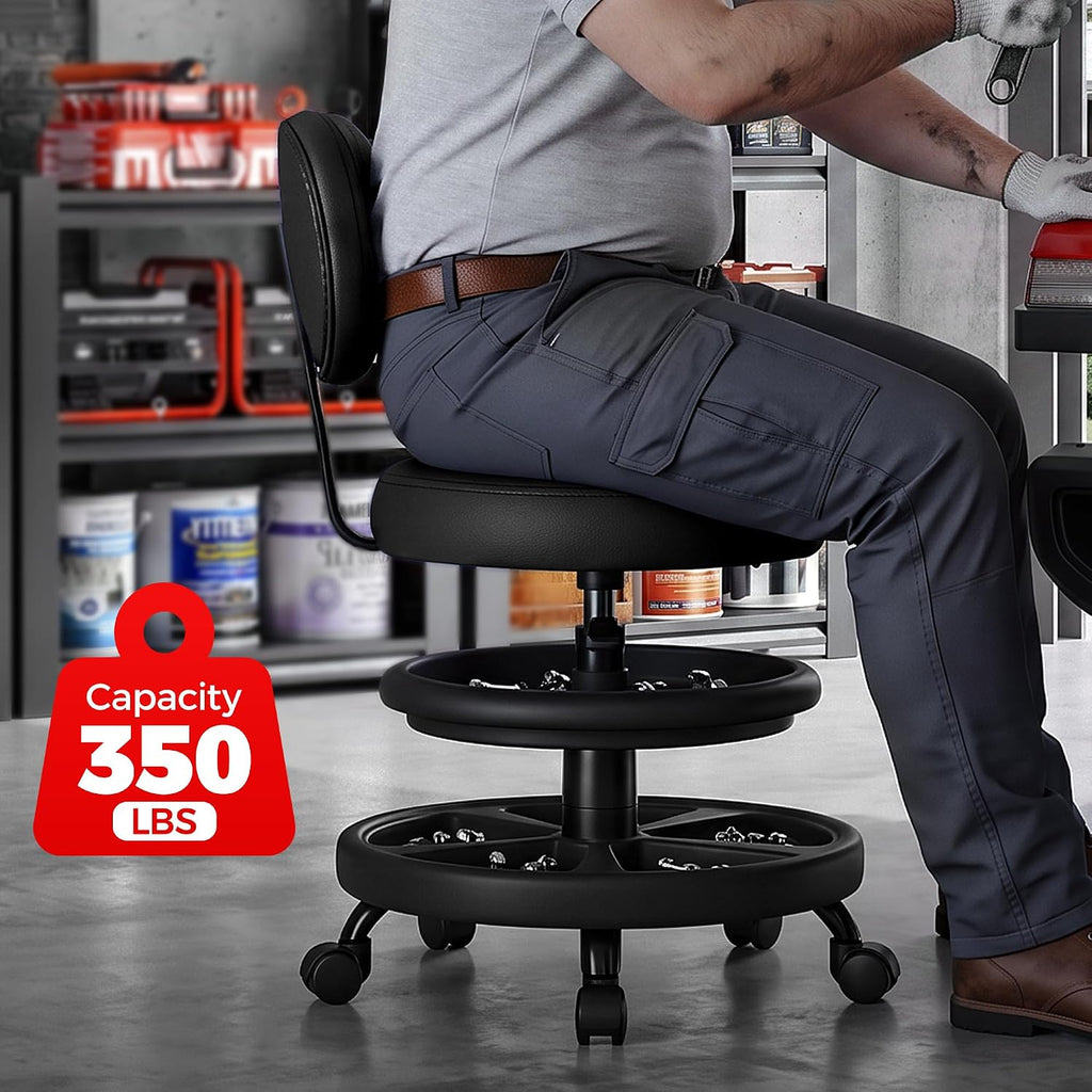 Rolling Shop Stool with Wheels, Adjustable Height Heavy Duty Garage Stool with Double Storage Tray, Garage Mechanic