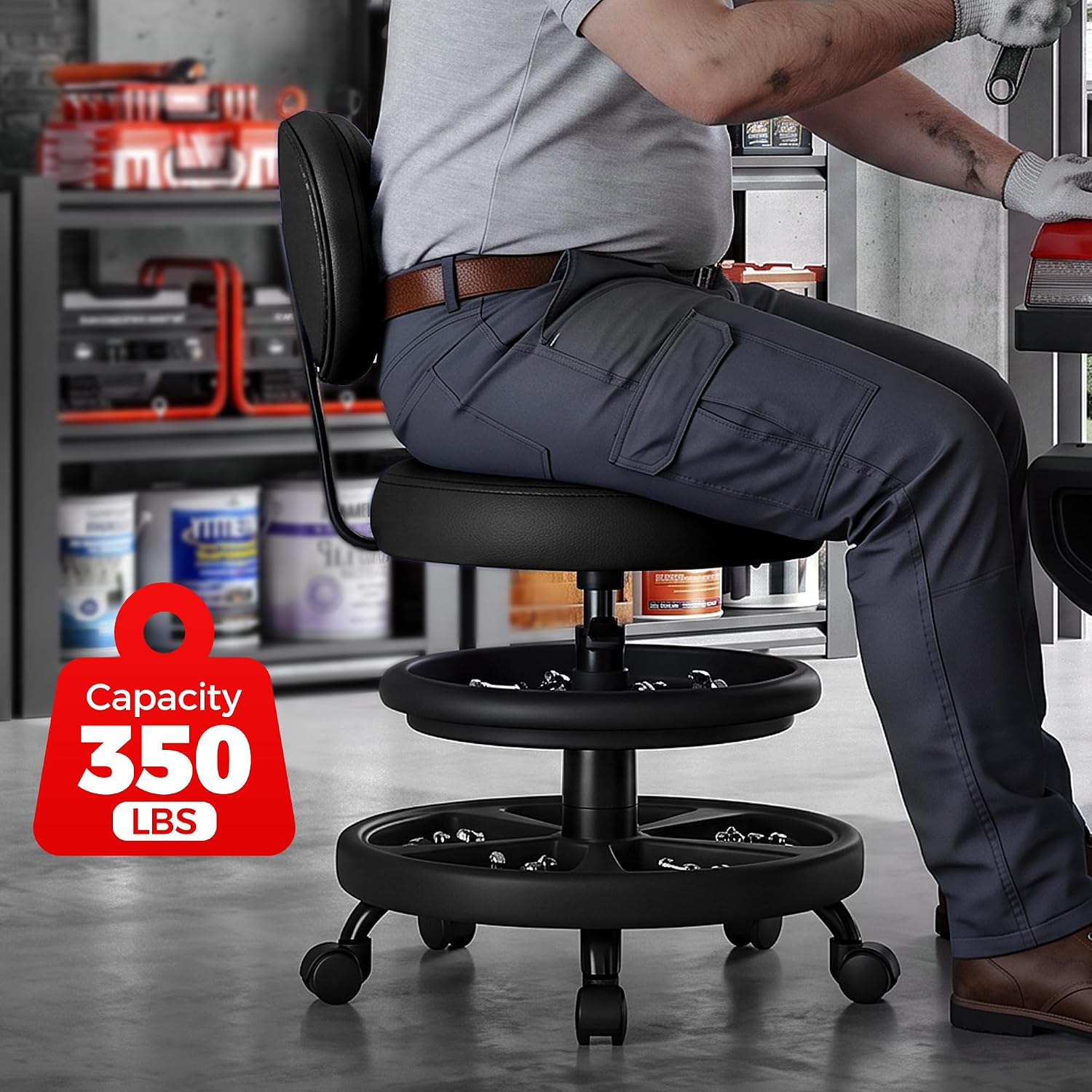 Rolling Shop Stool with Wheels, Adjustable Height Heavy Duty Garage Stool with Double Storage Tray, Garage Mechanic