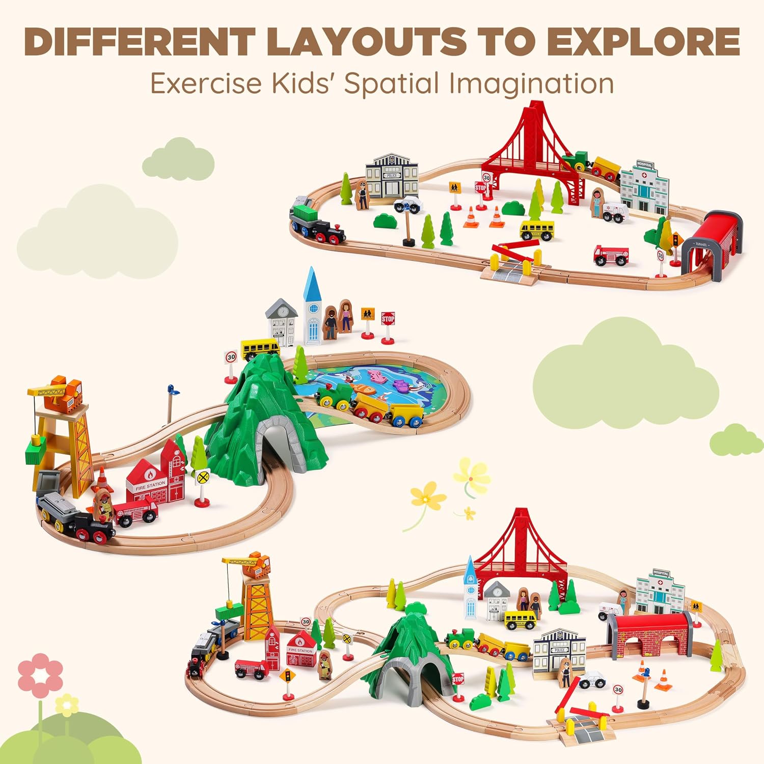 112-Piece Wooden Train Set for Toddler – Double-Sided Train Tracks, Compatible with Brio, Thomas, Melissa & Doug –