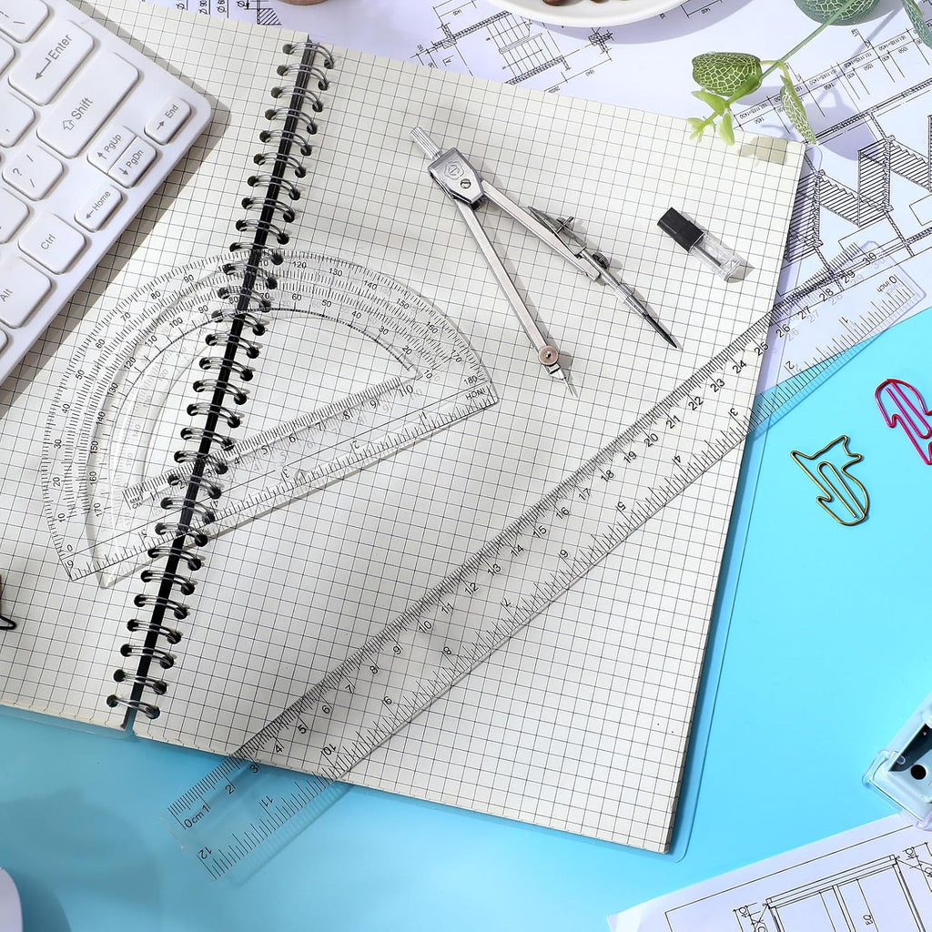 3 Pcs Plastic Ruler 6 Inch Protractor Drawing Compass Set, Student Geometry Math Transparent Measuring Tools for Home