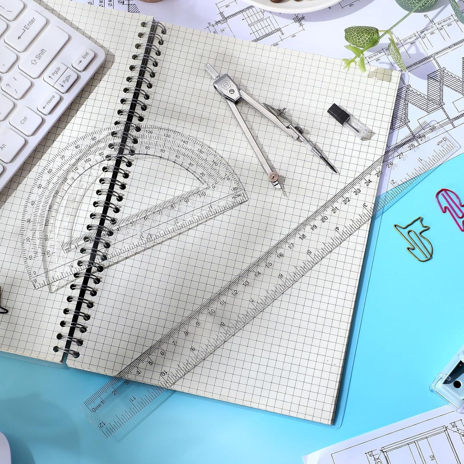 3 Pcs Plastic Ruler 6 Inch Protractor Drawing Compass Set, Student Geometry Math Transparent Measuring Tools for Home