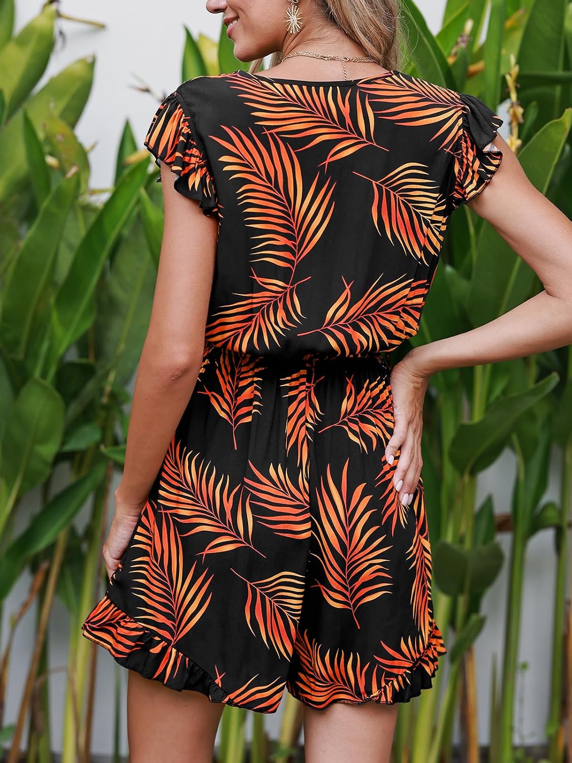 Women's Tropical Print Romper V-Neck Flutter Sleeve Casual Summer