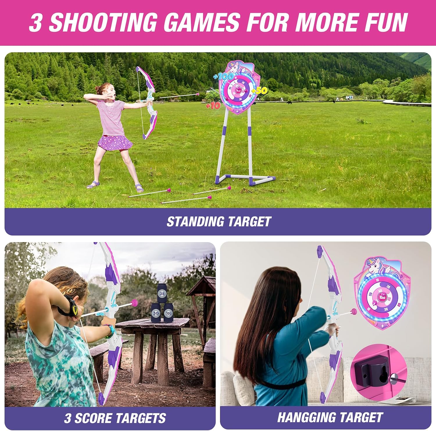 Bow and Arrow for Kids, LED Light Up Archery Set with Unicorn Target | with 12 Suction Cup Arrows, 1 Standing Glow