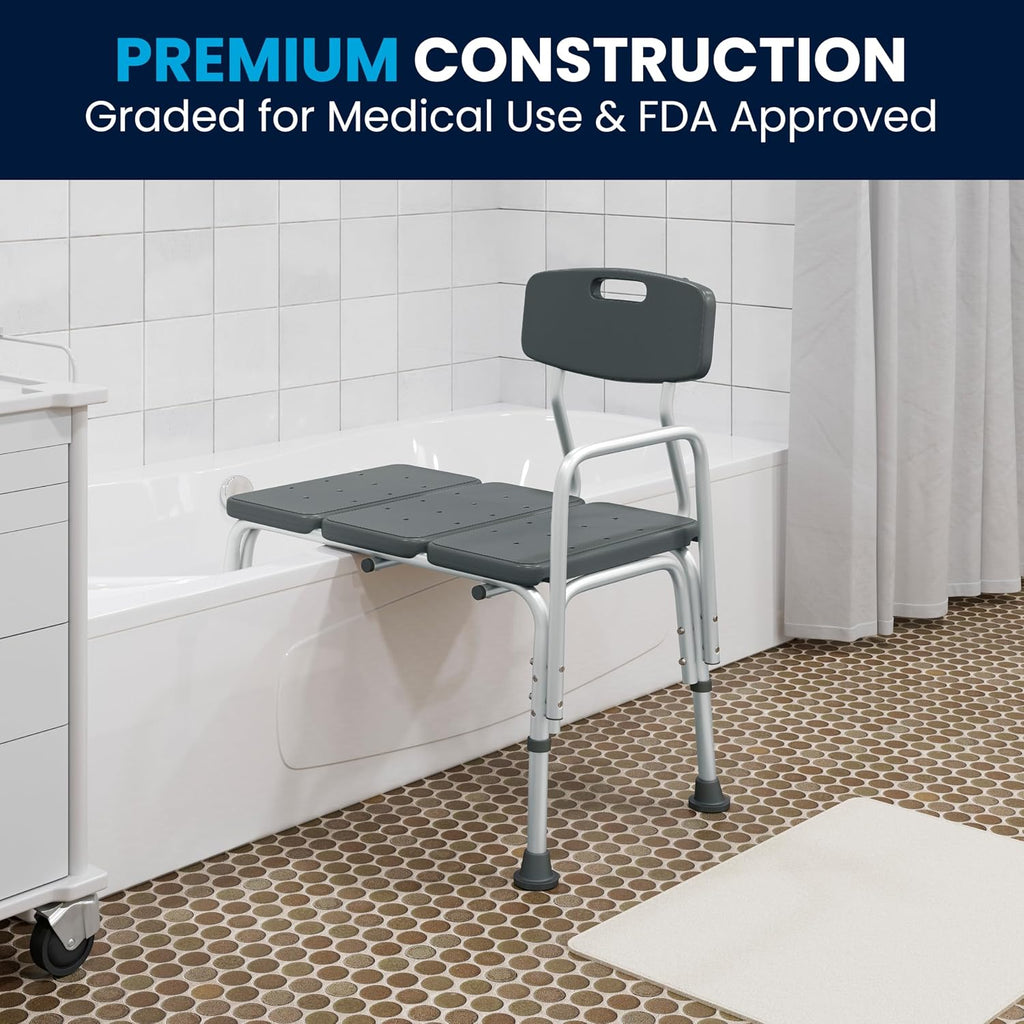 HERCULES Series 300 Lb. Capacity Adjustable Gray Bath & Shower Transfer Bench with Back and Side Arm