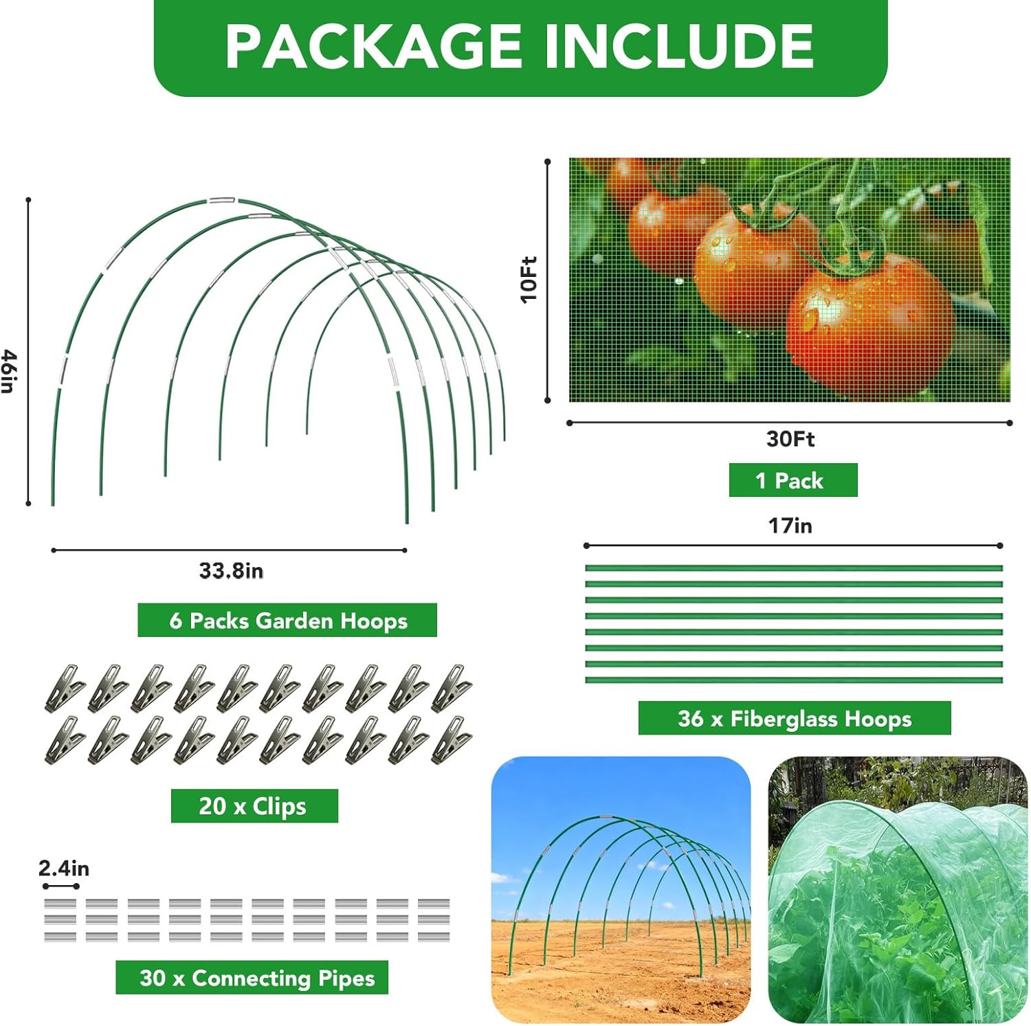 Garden Mesh Netting Kit for Raised Beds, 10x30FT Green Garden Netting ＆6 Sets Fiberglass Garden Hoops, Row Cover