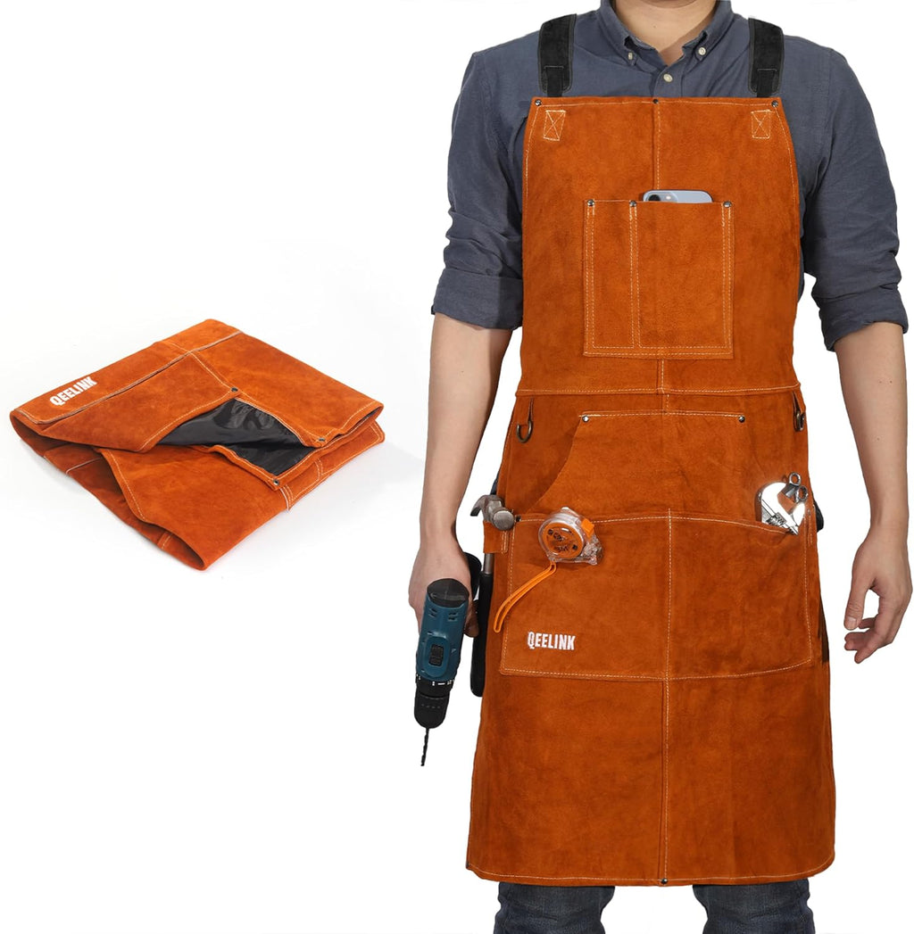 Leather Welding Apron 6 Pockets Heat Flame Resistant for Blacksmith | Split Cowhide Work Tool Apron with Aramid