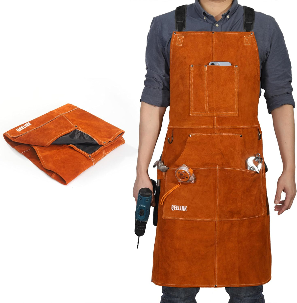 Leather Welding Apron 6 Pockets Heat Flame Resistant for Blacksmith | Split Cowhide Work Tool Apron with Aramid