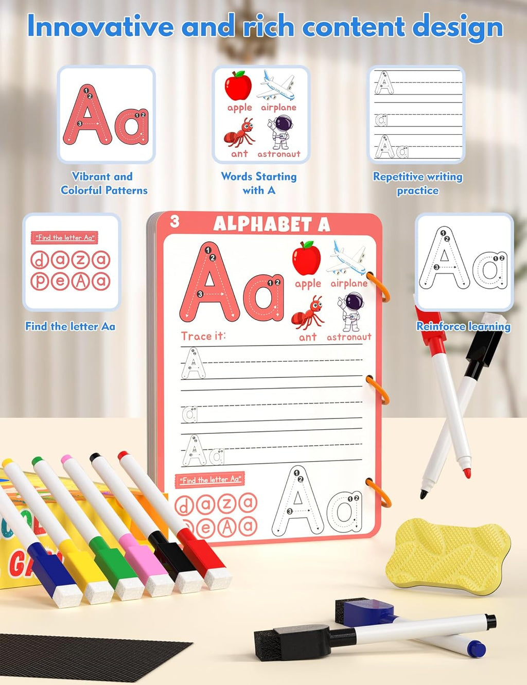 Preschool Learning Activities Educational Workbook, 62 Reusable Pages Pre Kindergarten Workbooks, Number Letter