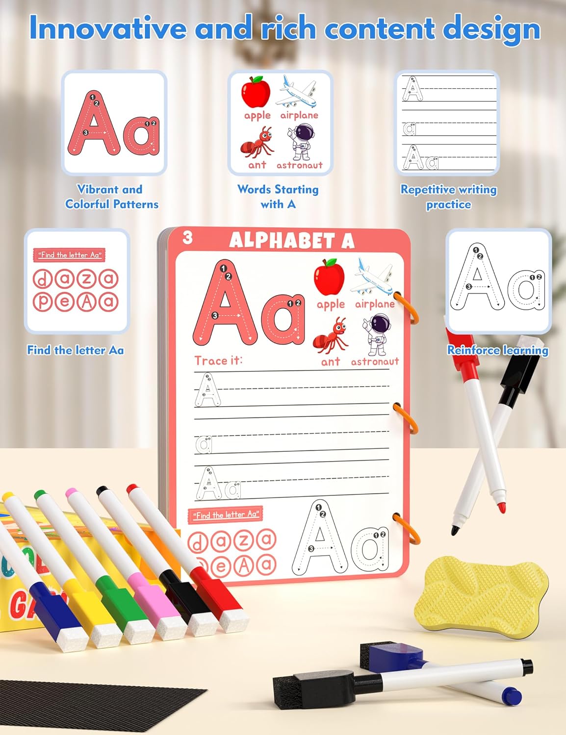 Preschool Learning Activities Educational Workbook, 62 Reusable Pages Pre Kindergarten Workbooks, Number Letter