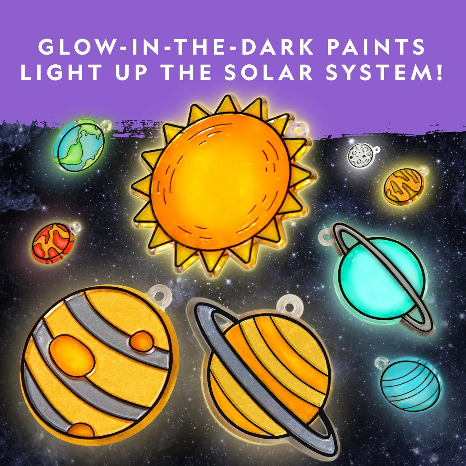 National Geographic Solar System Stained Glass Suncatcher Craft Kit | Glow-in-the-Dark Planets, Window Suncatchers