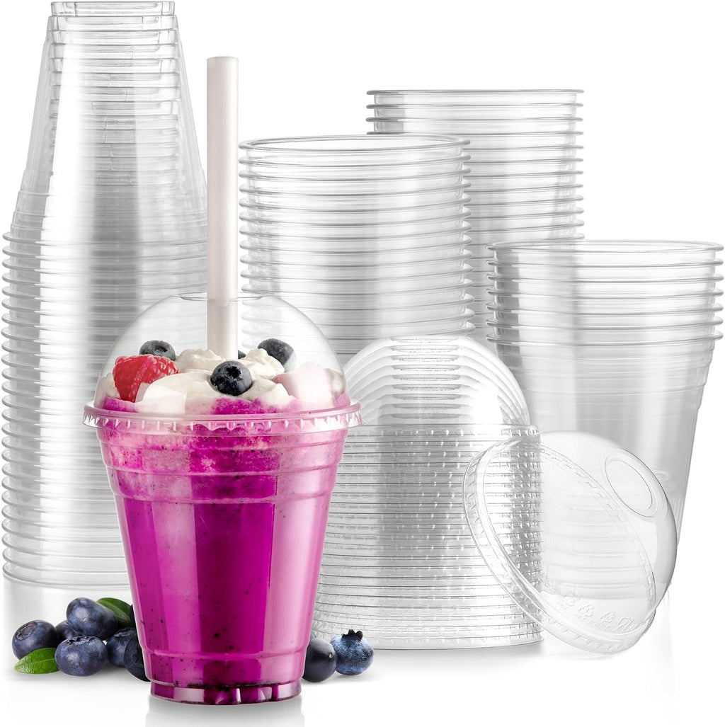100 Pack 12 oz Disposable Plastic Coffee Cups with Dome Lids, To Go Iced Coffee Cups with Lids, BPA Free Clear