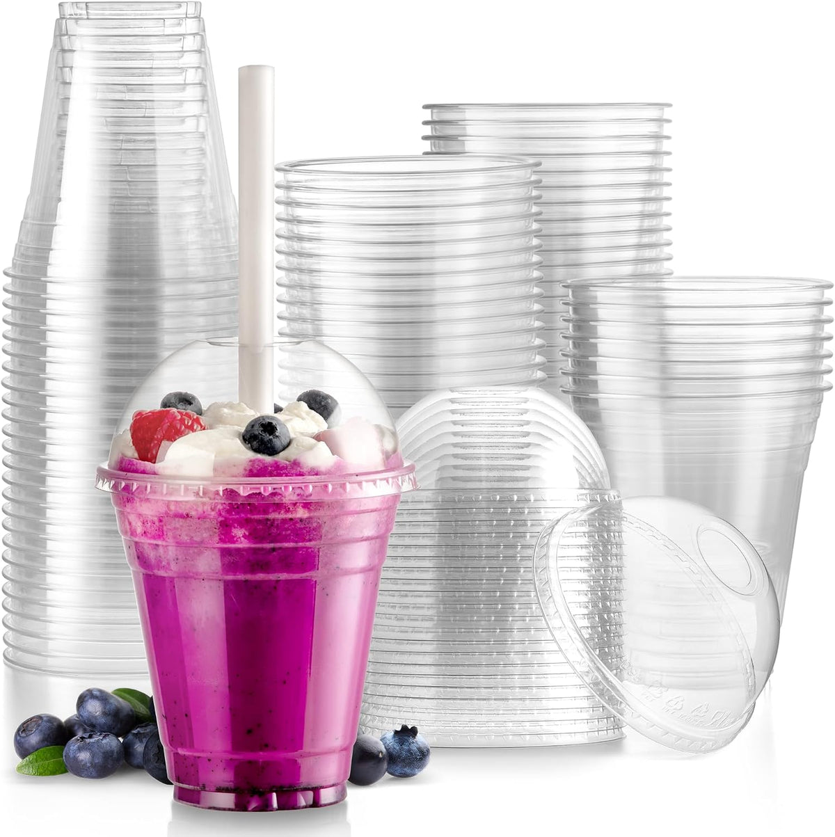100 Pack 12 oz Disposable Plastic Coffee Cups with Dome Lids, To Go Iced Coffee Cups with Lids, BPA Free Clear