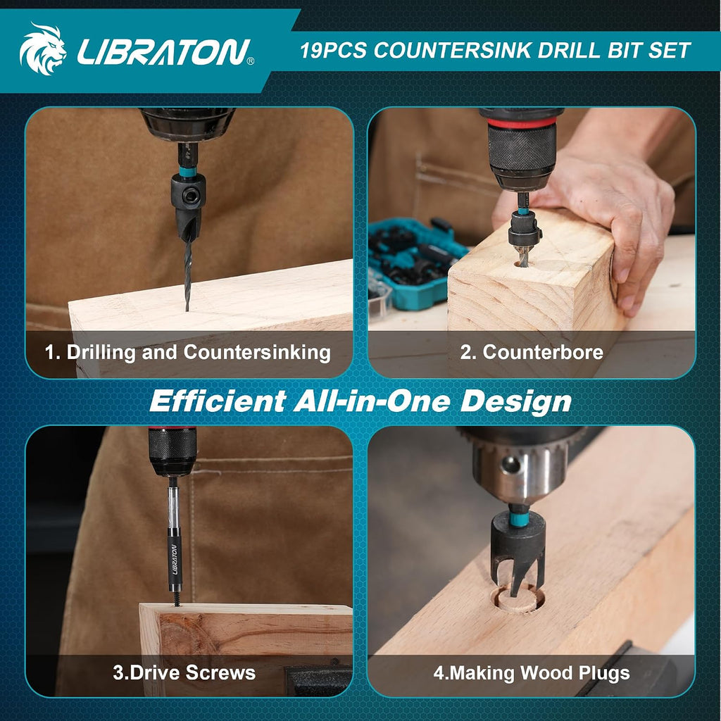 LIBRATON Countersink Drill Bit Set, 19PCS Tapered Wood Drill Bit Set