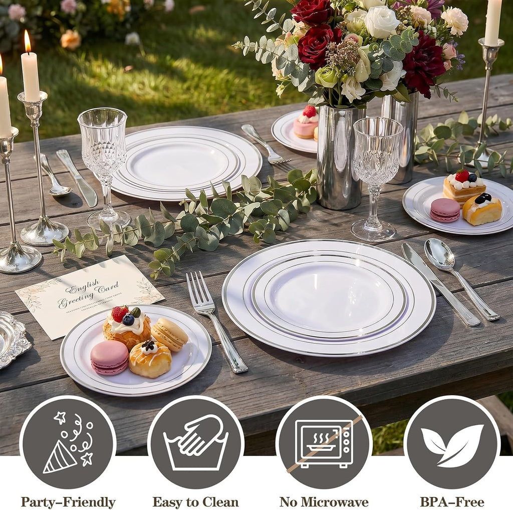 102 Pcs Silver Plastic Plates, Premium Silver Disposable Plates