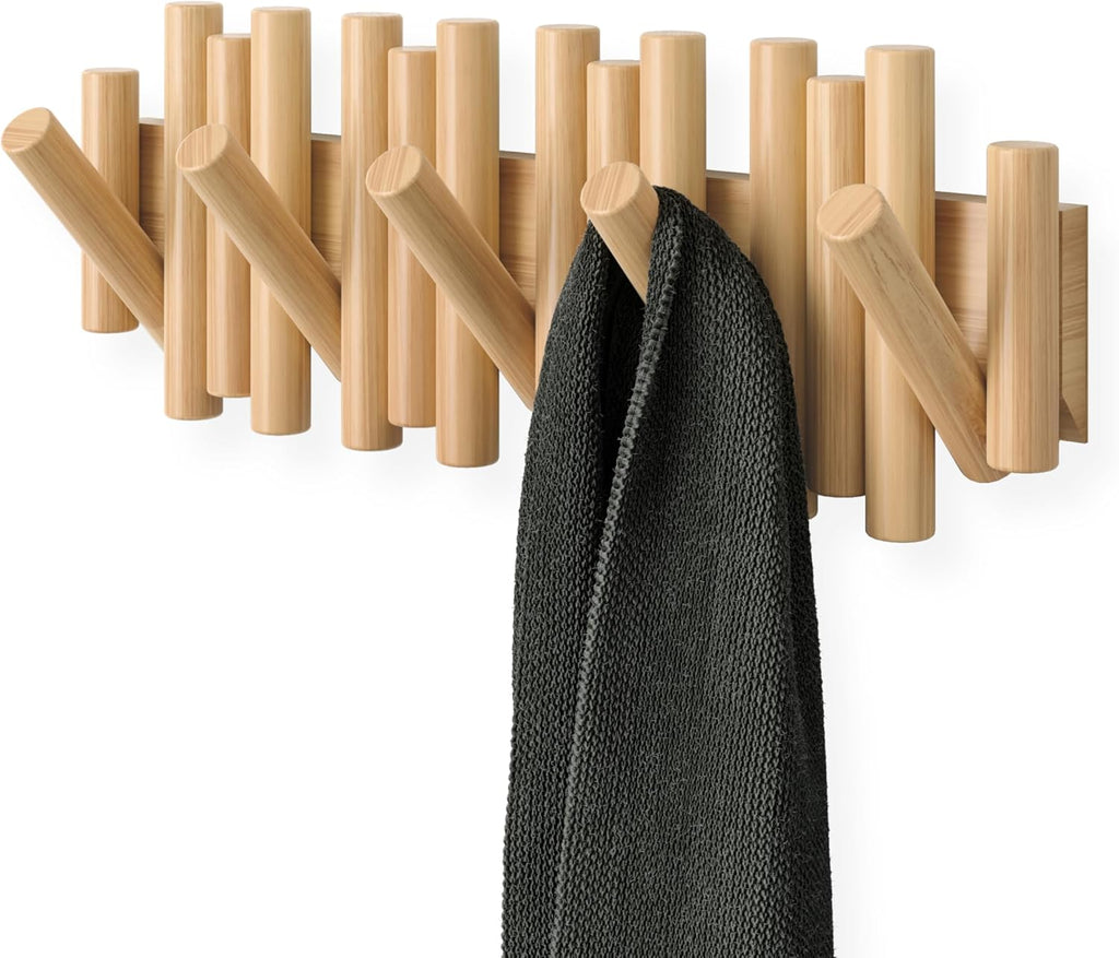 Picket Coat Rack Wall Mount – 5 Flip-Down Wood Coat Hooks, Modern & Functional Storage, Easy Install Wall Hooks, Natural