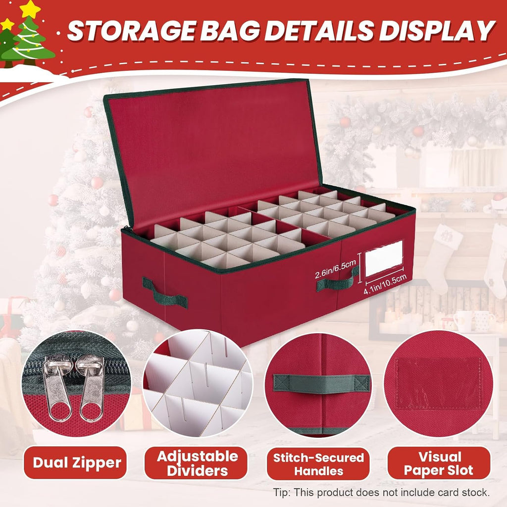 Christmas Ornament Storage Box -Stores Up to 64 3” Balls, Holiday Ornaments Storage with Adjustable Dividers, Visual