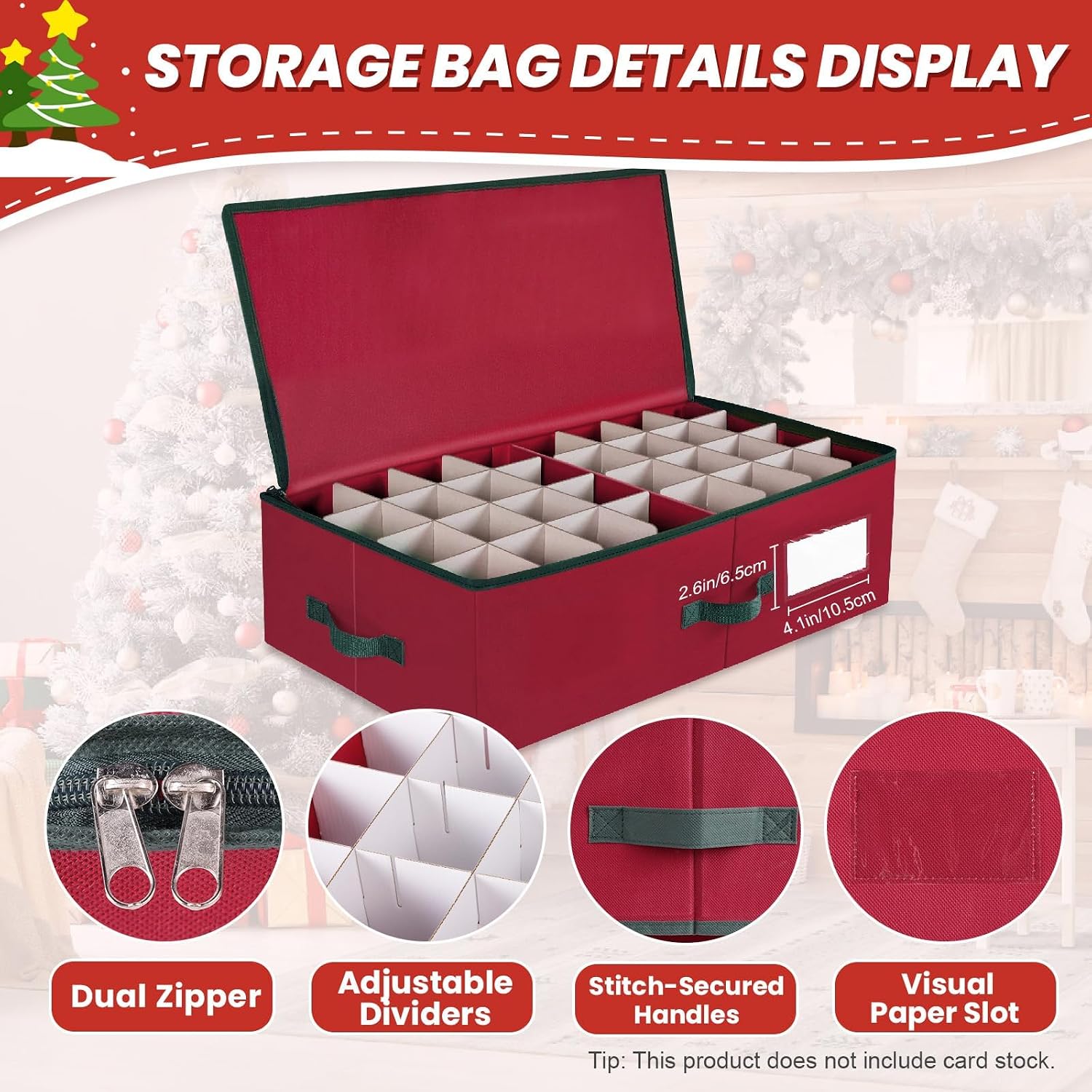 Christmas Ornament Storage Box -Stores Up to 64 3” Balls, Holiday Ornaments Storage with Adjustable Dividers, Visual