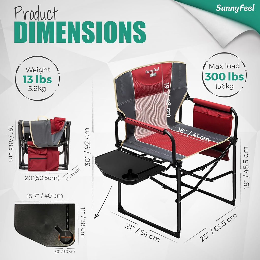 Camping Directors Chair, Heavy Duty,Oversized Portable Folding Chair with Side Table, Pocket for Beach