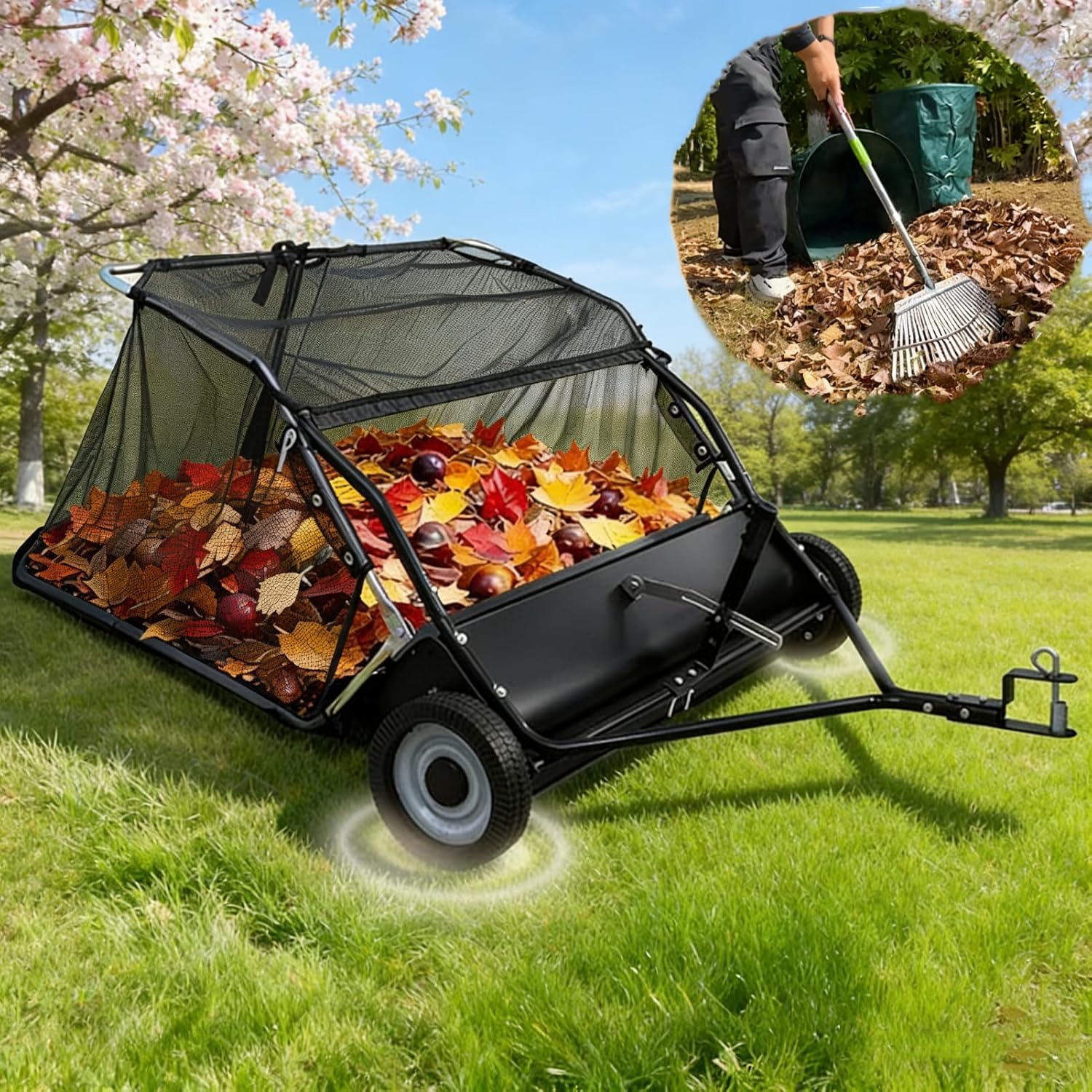 Tow Behind Lawn Sweeper,44 in Pull Behind Lawn Sweeper,25 cu.ft Large Capacity Leaf & Grass Collector,Heavy Duty