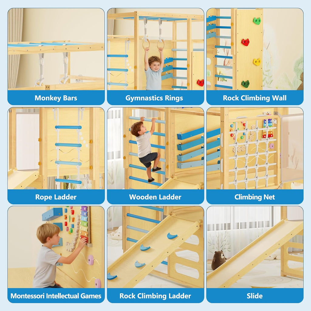 9-in-1 Indoor Jungle Gym, Montessori Wooden Indoor Playground for Kids 2-8, Wooden Climbing Structure with Slide