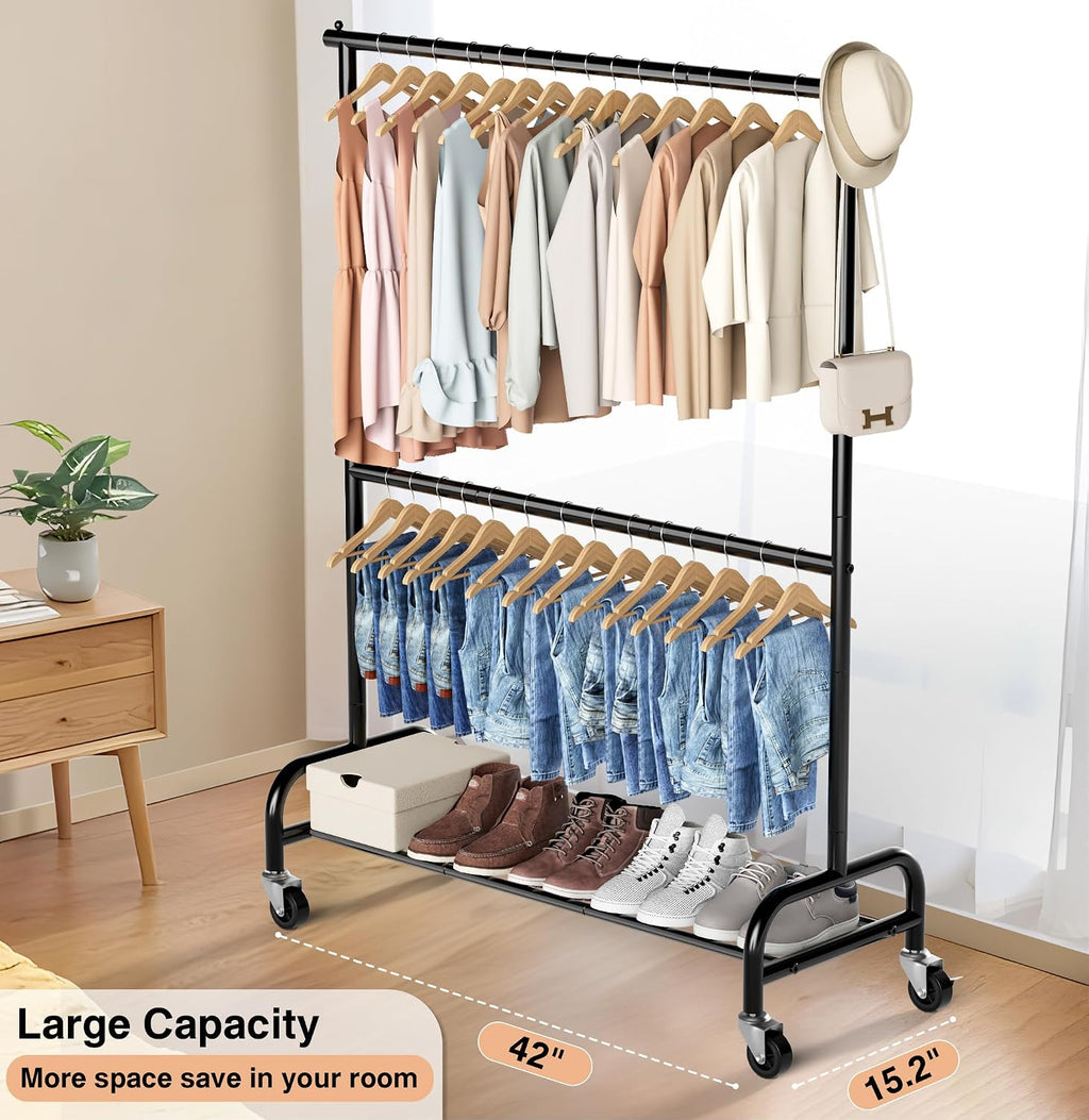 Heavy Duty Clothing Racks for Hanging Clothes Rack Double Rod Garment Rack Rolling Closet Wardrobe Rack on Wheels