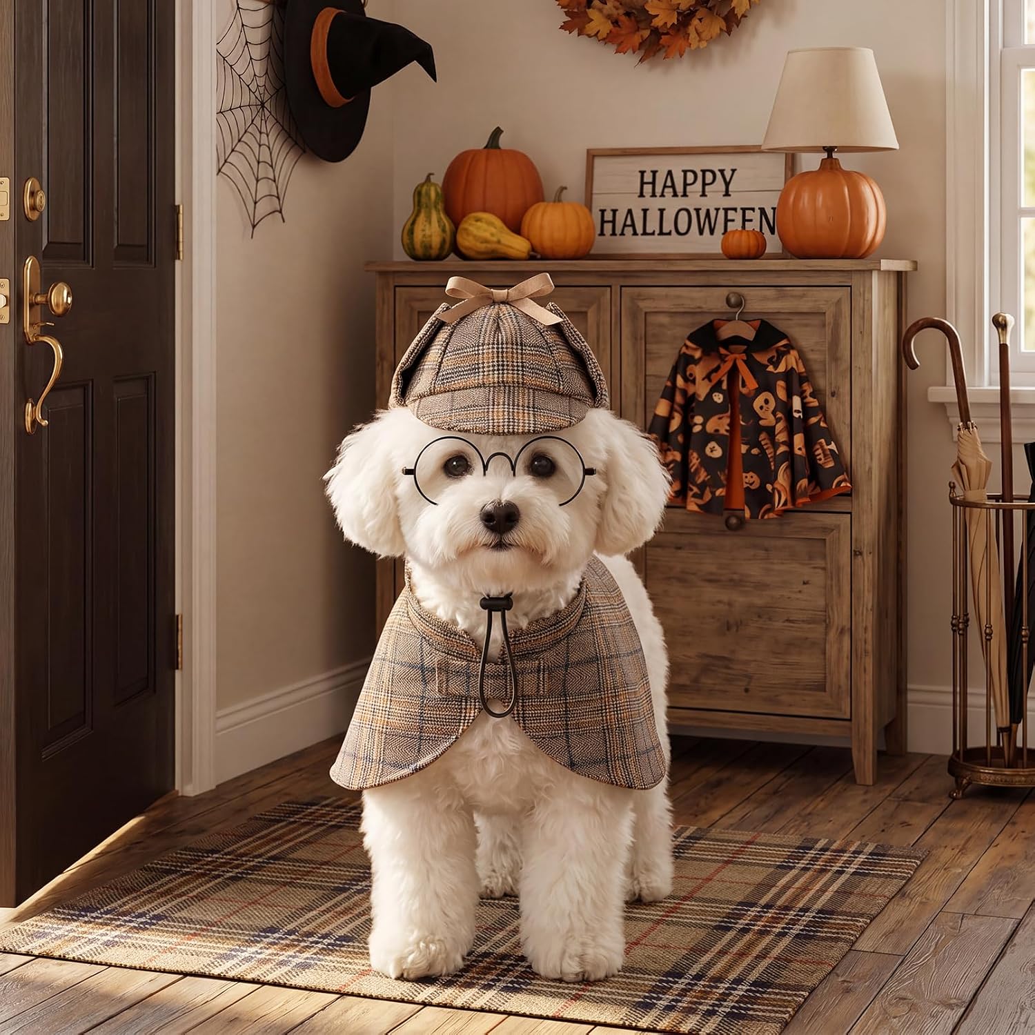 Dog Costume Set Detective Cloak Hat and Glasses for Small Dog and Cat | Pet Detective Costume for Halloween Party